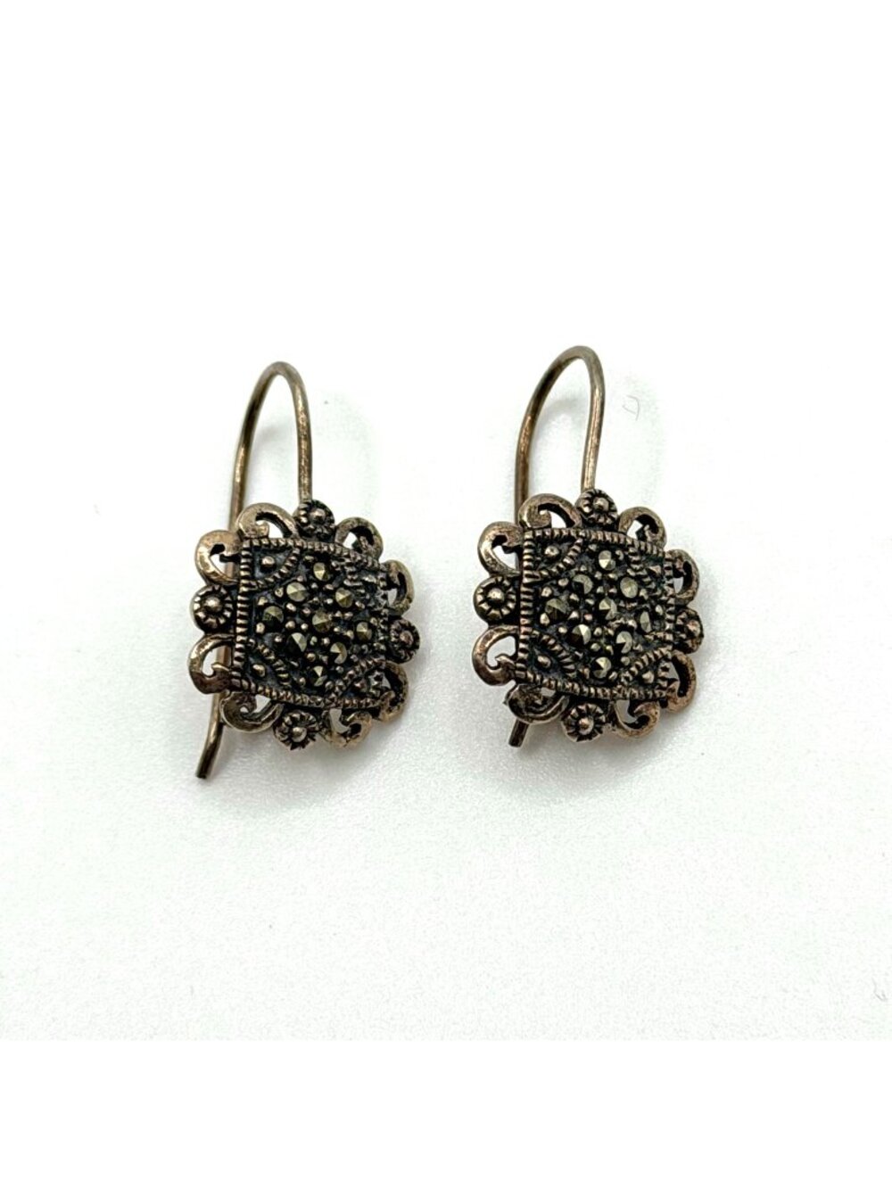 Sterling Silver 925 Marcasite Dangle Filigree Earrings Antiqued Finish